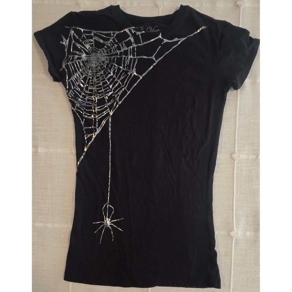 J Galt Black Spider Web Graphic Tee Metallic Silver Foil Goth Top Small